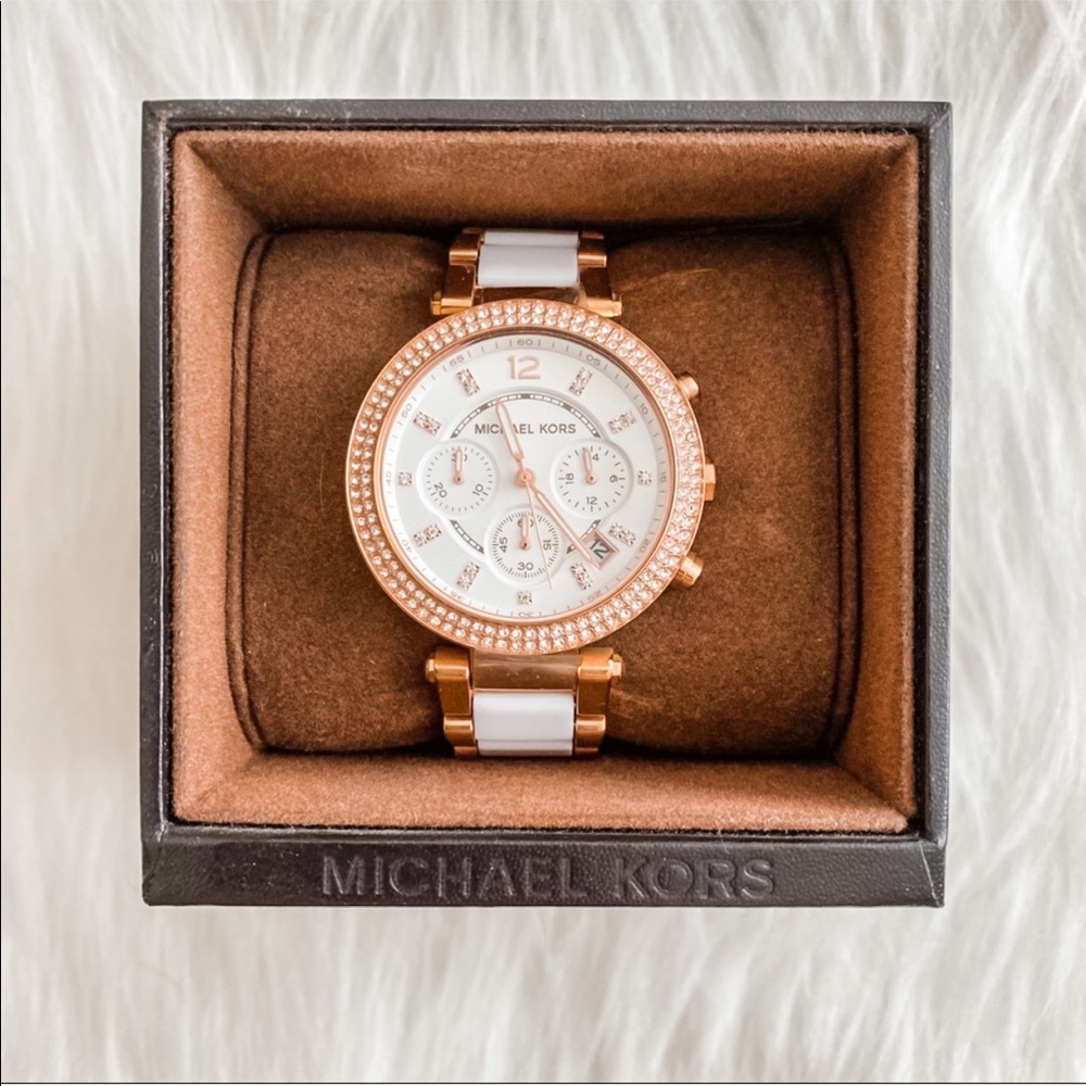[michael kors] white/rose gold big face watch